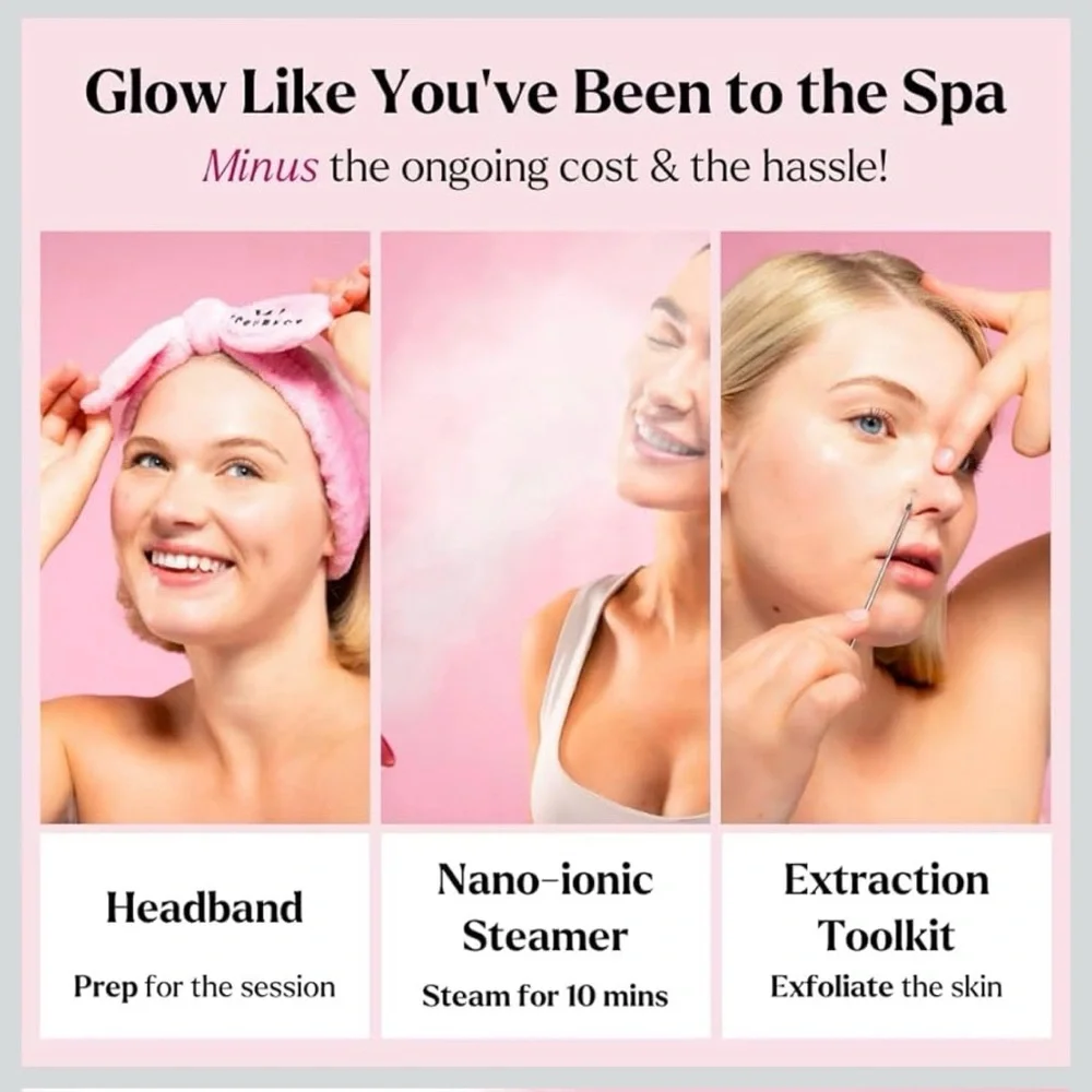 WOMANS SKIN CARE ROUTINE Pink Facial Steamer with Headband NEW